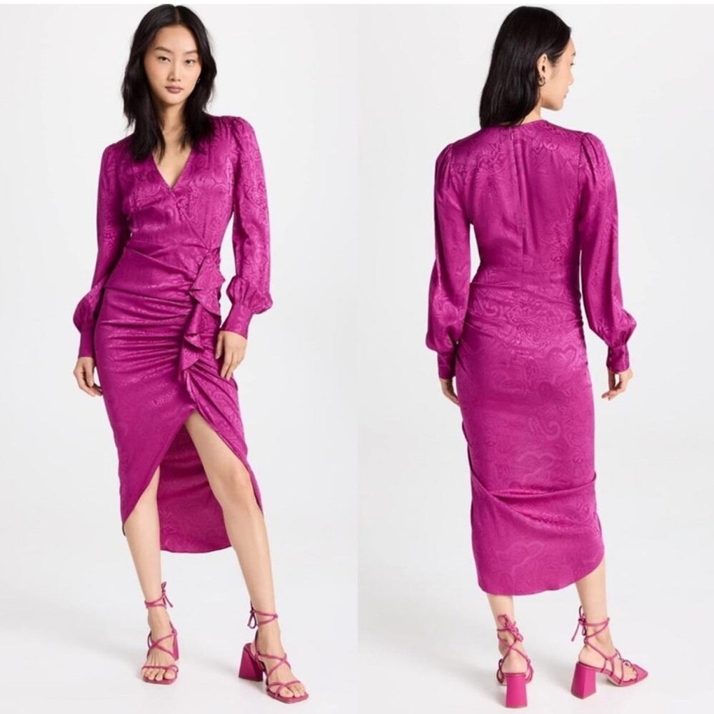 Veronica Beard NWT $698 Bright Magenta Weiss Wrap-effect Silk-blend Midi Dress 6